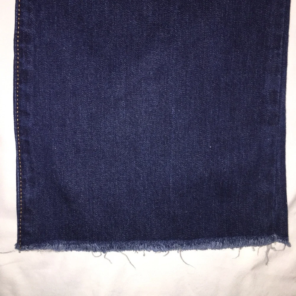 Highrise Flare Jeans, Distressed Denim, Frayed Waist/Hem, Dark Calvin Klein Sz 7 - Picture 5 of 13